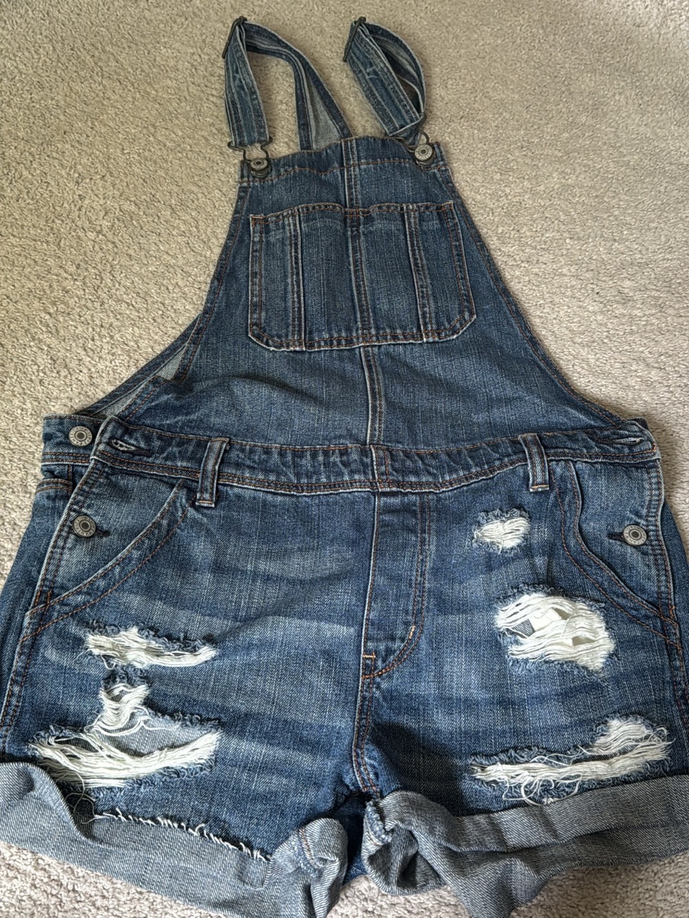 American Eagle Outfitters Distressed Dark Blue Denim Short Overalls